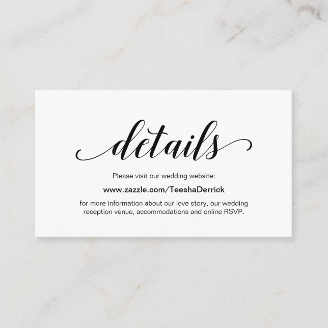 Carte D'accompagnement Élégant script noir, Mariage Détails du site web (Devant)