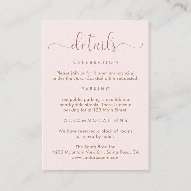 Carte D'accompagnement Élégant Script Pink Gold Détails du Mariage (Devant)