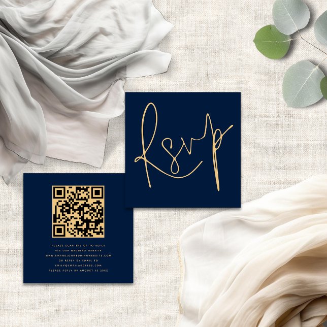 Carte D'accompagnement Élégant Script QR Marine Gold Wedding RSVP (Front and back view)