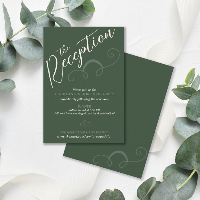 Carte D'accompagnement Élégant Script Slant foncé Green Mariage Réception (Elegant modern slant script  dark moss green and ivory wedding reception enclosure insert card )