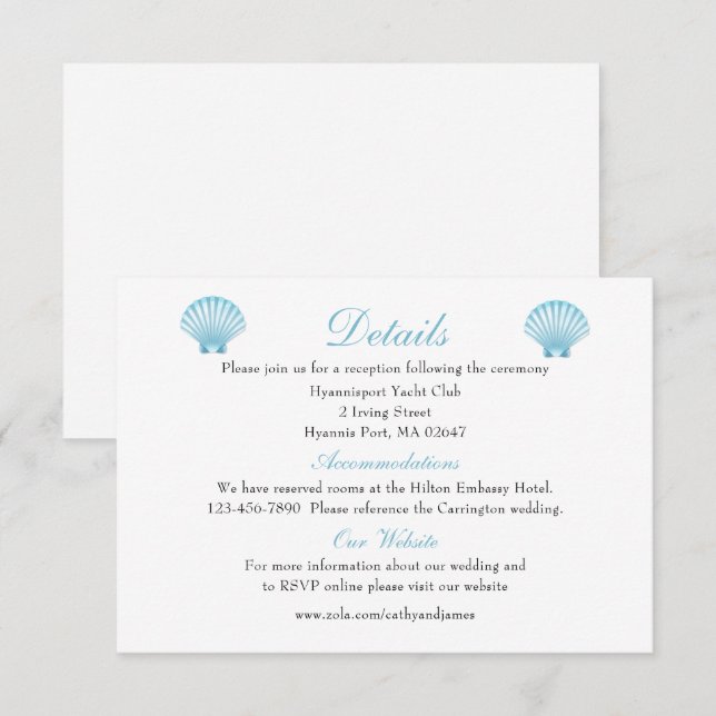 Carte D'accompagnement Elegant Seashell Détails Mariage Blue Beach (Devant / Derrière)