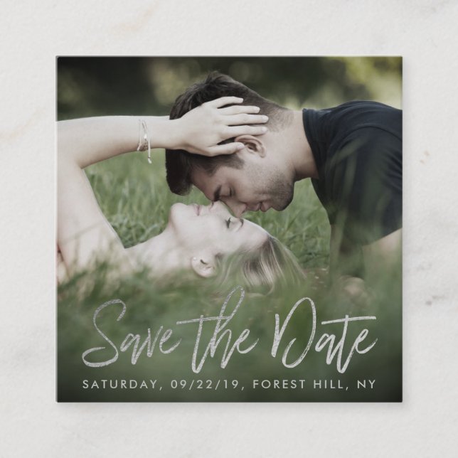 Carte D'accompagnement Elegant Silver Foil Script Photo Save The Date (Devant)