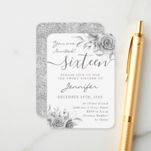 Carte D'accompagnement Élégant Silver Sweet 16 Parties scintillant Floral