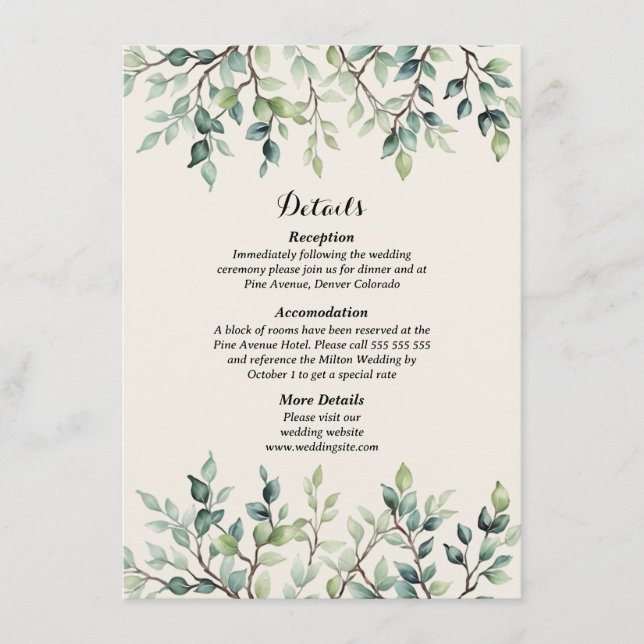 Carte D'accompagnement Élégant Simple Joli feuille branches mariage (Devant)
