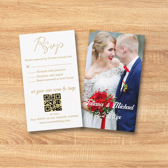 Carte D'accompagnement élégant simple or photo rsvp mariage code qr (Créateur téléchargé)