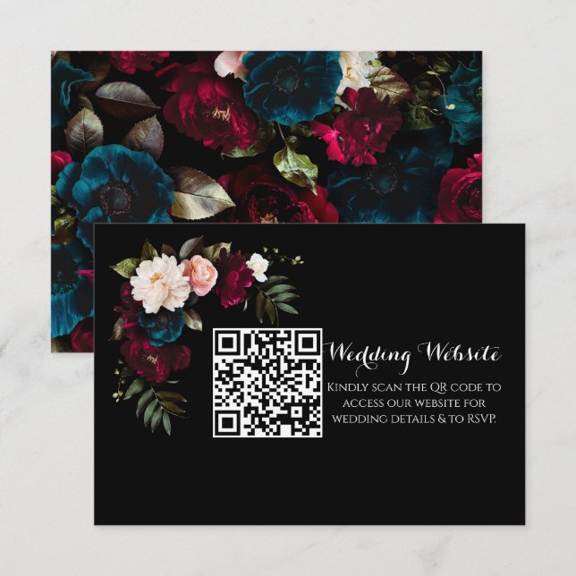 Carte D'accompagnement Élégant site de Mariage Floral Noir QR Code (Devant / Derrière)
