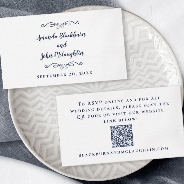 Carte D'accompagnement Elégant site de mariage RSVP QR Code Marine Bleu (Elegant Wedding Website RSVP QR Code Navy Blue Enclosure Card)