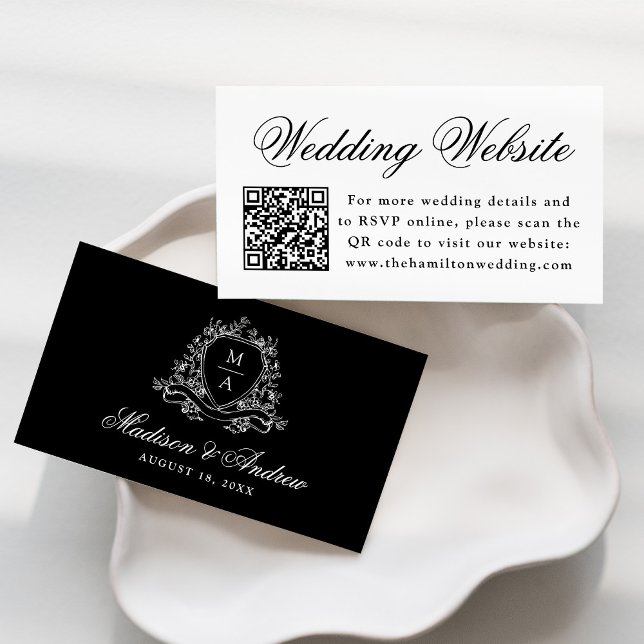 Carte D'accompagnement Élégant site Mariage de crête florale noire QR Cod (Créateur téléchargé)