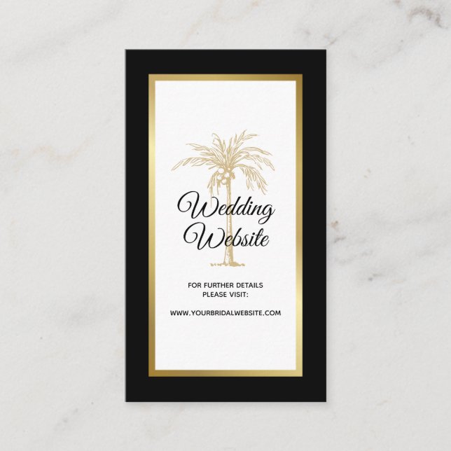 Carte D'accompagnement Élégant site Web Mariage Black White Gold Palm Tre (Devant)