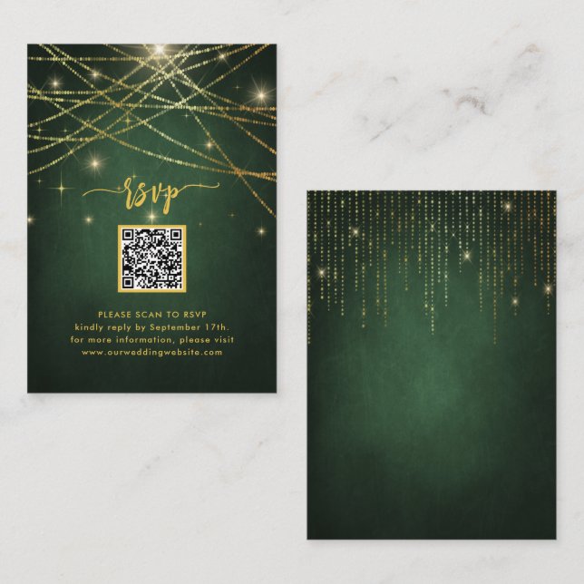 Carte D'accompagnement Élégant Sparkling Gold String Lights QR Code RSVP (Devant / Derrière)