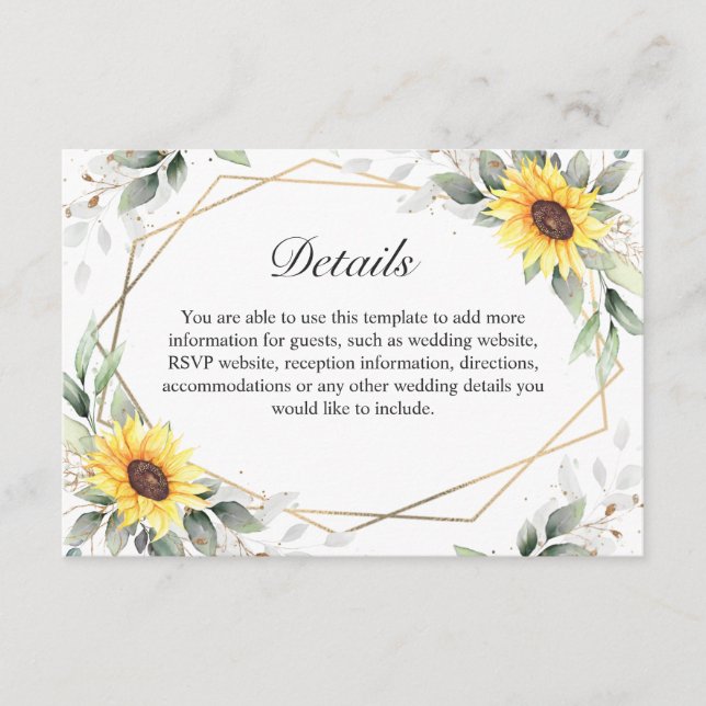 Carte D'accompagnement Elégant tournesol vert Floral Détails Mariage (Devant)
