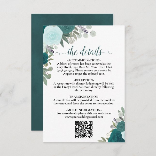 Carte D'accompagnement Elegant Turquoise & Aqua Roses Mariage Détails QR  (Devant / Derrière)