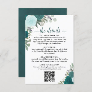 Carte D'accompagnement Elegant Turquoise & Aqua Roses Mariage Détails QR