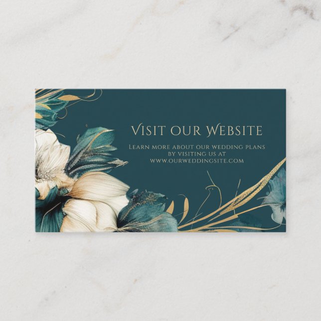 Carte D'accompagnement Elégant verdure Floral Turquoise Gold Mariage site (Devant)