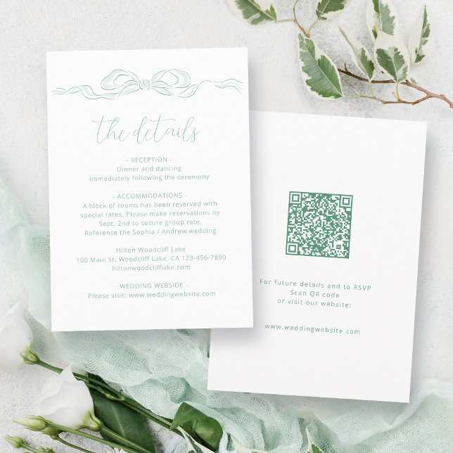 Carte D'accompagnement Elégant vert clair main tiré Bow Détails du Mariag (Elegant Light Green Hand Drawn Bow Wedding Details Enclosure Card)