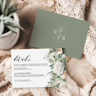Carte D'accompagnement Elégant vert Eucalyptus Rose blanche Mariage