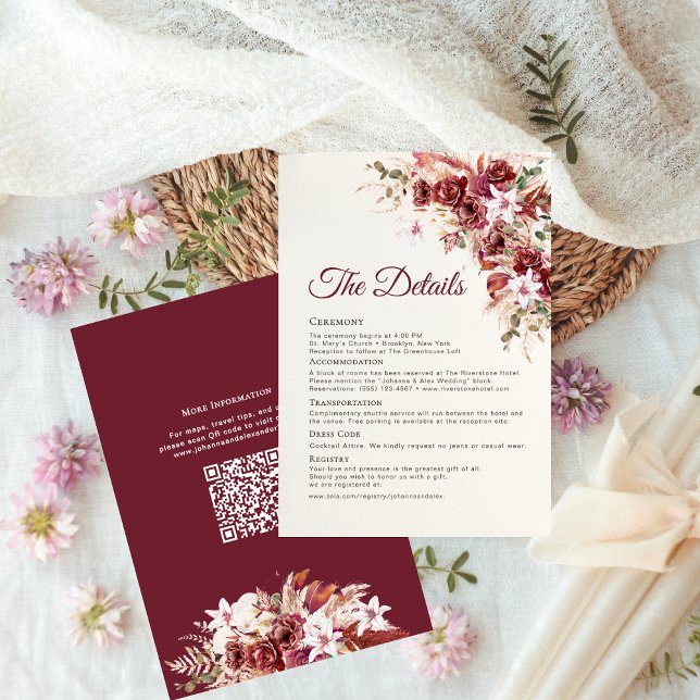 Carte D'accompagnement Elegant Watercolor Burgundy Blush Wedding Details  (Créateur téléchargé)