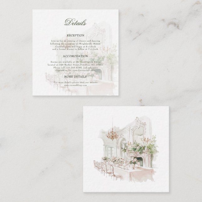 Carte D'accompagnement Elegant Watercolor Manor Garden Wedding Details (Devant / Derrière)