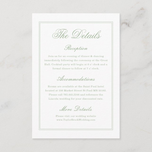 Carte D'accompagnement Elegant White and Sage Green Wedding Details  (Devant)