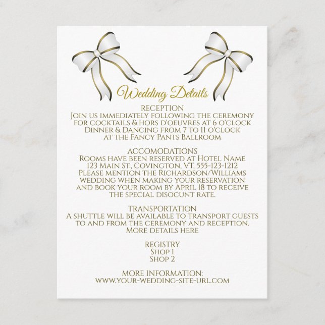 Carte D'accompagnement Elegant White & Gold Ribbon Détails du Mariage (Devant)