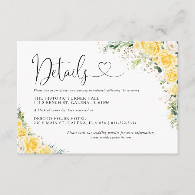 Carte D'accompagnement Elegant Yellow Wedding Details Card (Devant)
