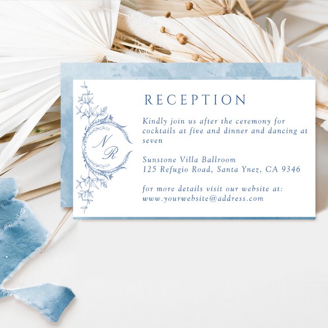 Carte D'accompagnement Elégante Aquarelle Bleue Monogramme Réception de m (Créateur téléchargé)
