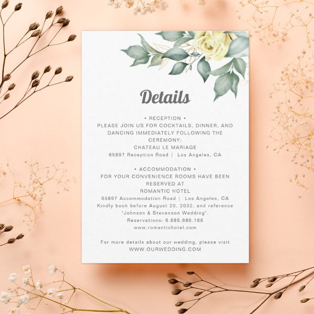 Carte D'accompagnement Elégante aquarelle jaune roses détails mariages (Créateur téléchargé)