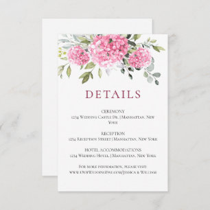 Carte D'accompagnement Elégante aquarelle rose Hydrangea Détails du Maria