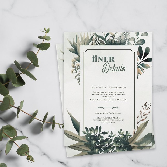 Carte D'accompagnement Élégante Botanique Verdure Détails Raffinés Mariag (Elegant Botanical Greenery Finer Details Wedding Card | Sage Green Wedding Enclosure)