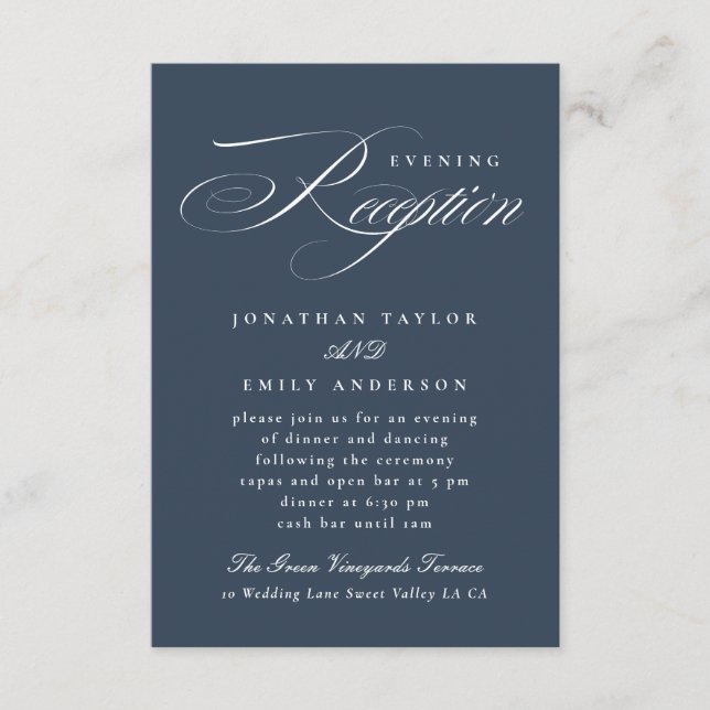 Carte D'accompagnement Élégante calligraphie Marine Bleu Mariage Réceptio (Devant)