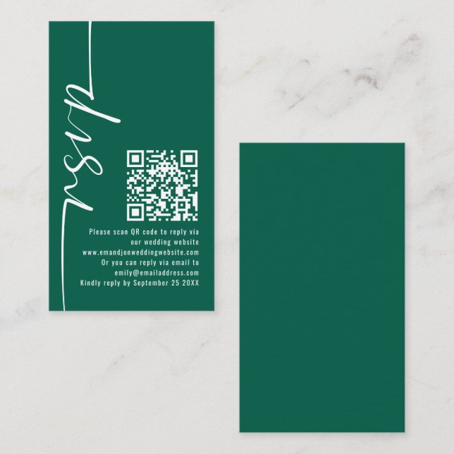 Carte D'accompagnement Élégante calligraphie QR Code Emerald Wedding RSVP (Devant / Derrière)