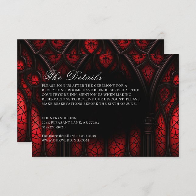 Carte D'accompagnement Elégante cathédrale rouge et noire Mariage gothiqu (Devant / Derrière)