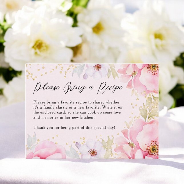 Carte D'accompagnement Elégante douche florale rose nuptiale apporter une (Elegant Pink Floral Bridal shower bring a Recipe Enclosure Card)