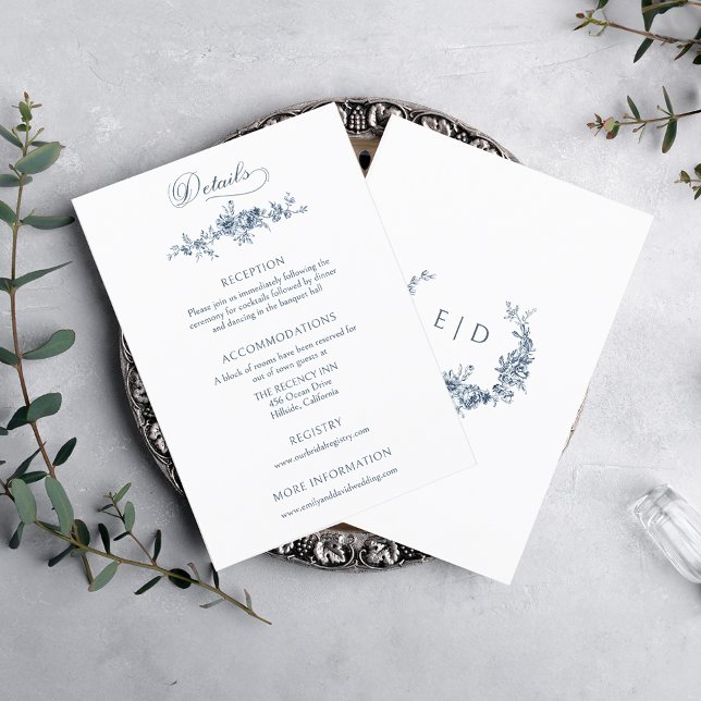 Carte D'accompagnement Élégante gravée Florale Bleue Français (Créateur téléchargé)