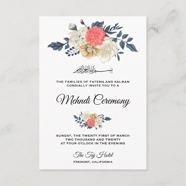 Carte D'accompagnement Élégante Pêche Florale Cérémonie islamique Mehndi (Devant)
