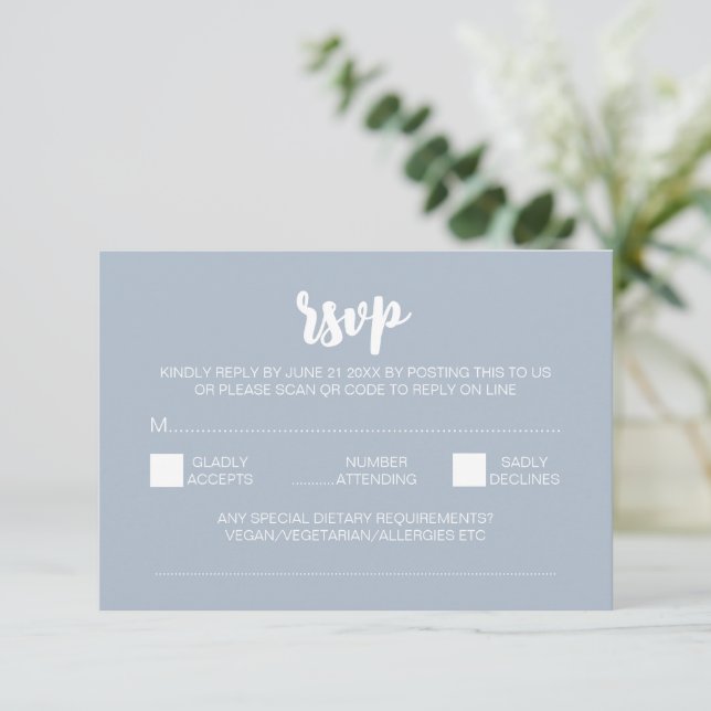 Carte D'accompagnement Elégante Peonies Modernes Mariage Bleu QR Code RSV (Debout devant)