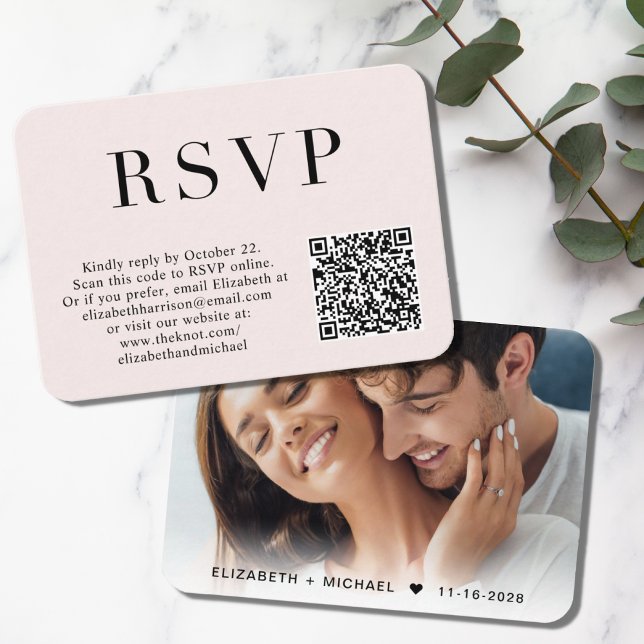Carte D'accompagnement Elégante photo QR Code Mariage rose RSVP (Créateur téléchargé)