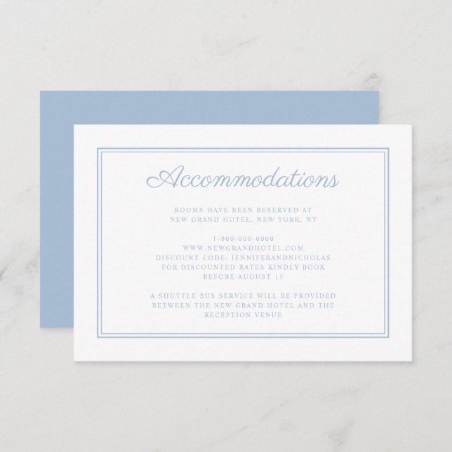 Carte D'accompagnement Élégante Poudre Bleu Script Mariage Hébergement (Devant / Derrière)