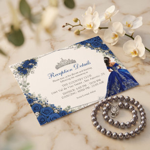 Carte D'accompagnement Elégante Quinceañera bleu royal et roses argentées