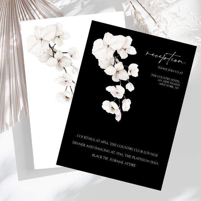 Carte D'accompagnement Elégante Réception de mariage d'orchidées noires e (Modern Black and White Orchids Flowers Wedding Reception Cards)
