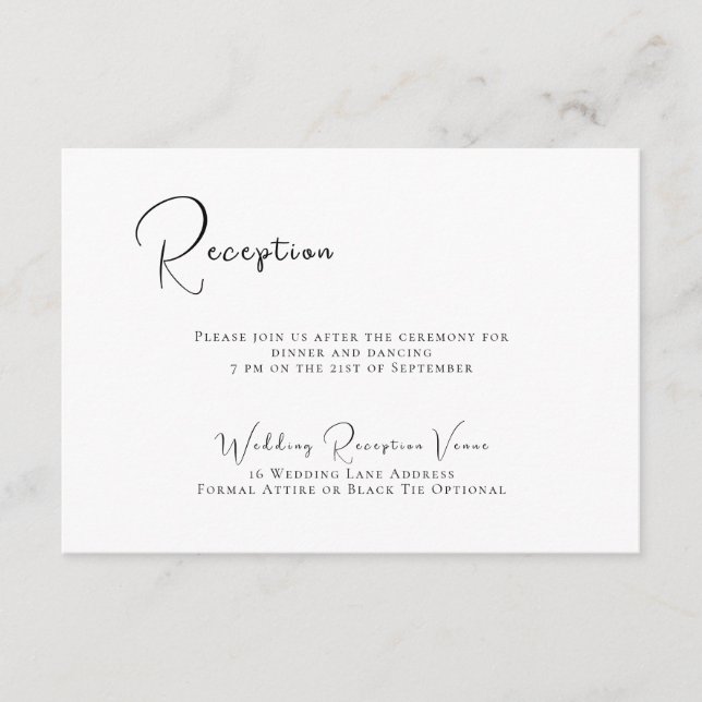 Carte D'accompagnement Elégante Réception de mariage noir et blanc (Devant)