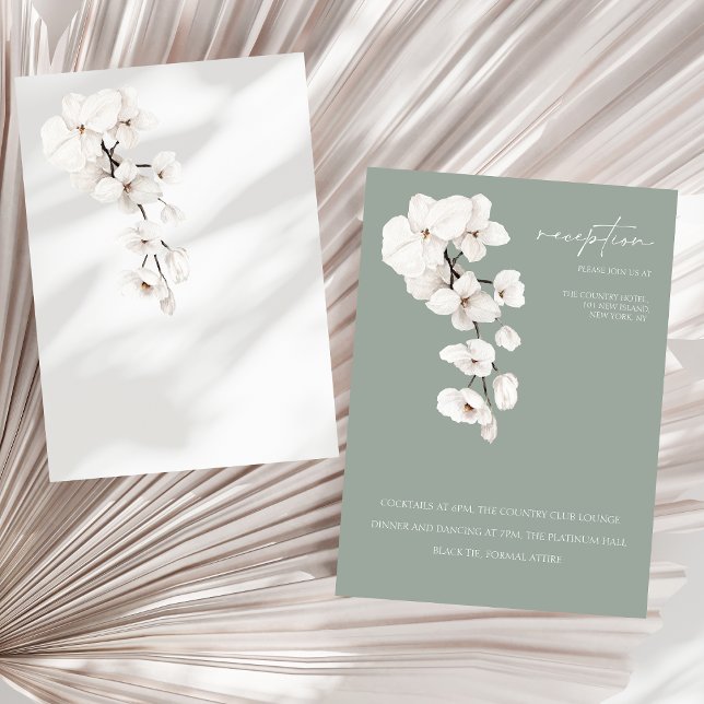 Carte D'accompagnement Elégante Réception Verre Blanc Orchidée Vert Sage (Modern Sage Green White Orchids Wedding Reception Card)