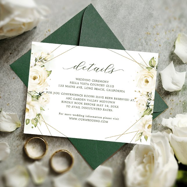 Carte D'accompagnement Elégante Rose blanche Florals Détails du Mariage (Créateur téléchargé)