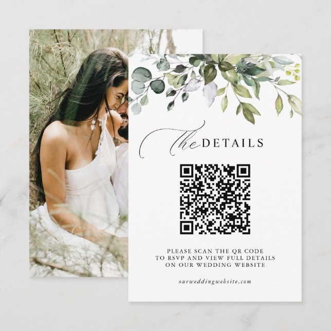 Carte D'accompagnement Élégante végétation QR Code & Photo de mariage (Devant / Derrière)
