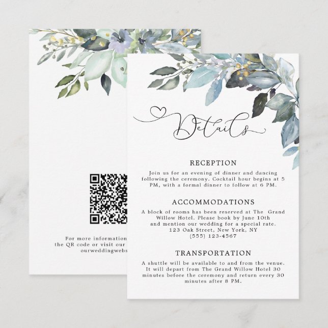 Carte D'accompagnement Élégante verdure Feuillage Code QR Détails de mari (Devant / Derrière)