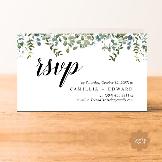 Carte D'accompagnement Élégante verdure, Script noir, réponse RSVP (Wedding invitation RSVP via Phone or email respond reminder Enclosure Card in aesthetic Greenery)