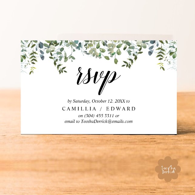 Carte D'accompagnement Élégante verdure, Script noir, réponse RSVP (Wedding invitation RSVP via Phone or email respond reminder Enclosure Card in aesthetic Greenery)