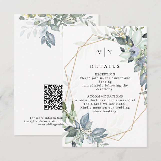 Carte D'accompagnement Élégante verdure vert et or Code QR de mariage (Devant / Derrière)