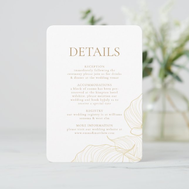 Carte D'accompagnement Élégantes Fleurs Botaniques Or Moderne Mariage  (Debout devant)