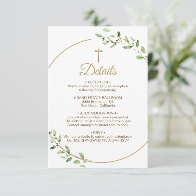 Carte D'accompagnement Élégantes noces croix dorée de verdure détails (Debout devant)